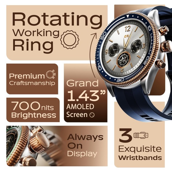 GOBOULT Newly Launched Saber Smart Watch 1.43'' AMOLED Display, BT Calling, Rotating Bezel, 200+Watchfaces, 700 Nits Brightness, AI Voice Assistant, SpO2 Monitoring, 120+ Sports Mode (Blue)