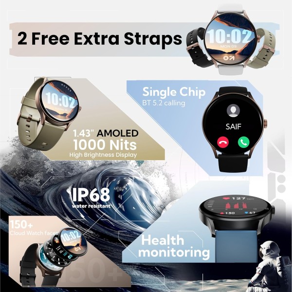 GOBOULT Rover Pro Smart Watch 1.43'' AMOLED, Free Straps, Bluetooth Calling, IP68, Zinc Alloy Frame, 1000 Nits Brightness, AI Voice Assistant, SpO2, 120+ Sports Mode Smartwatch (Icon)