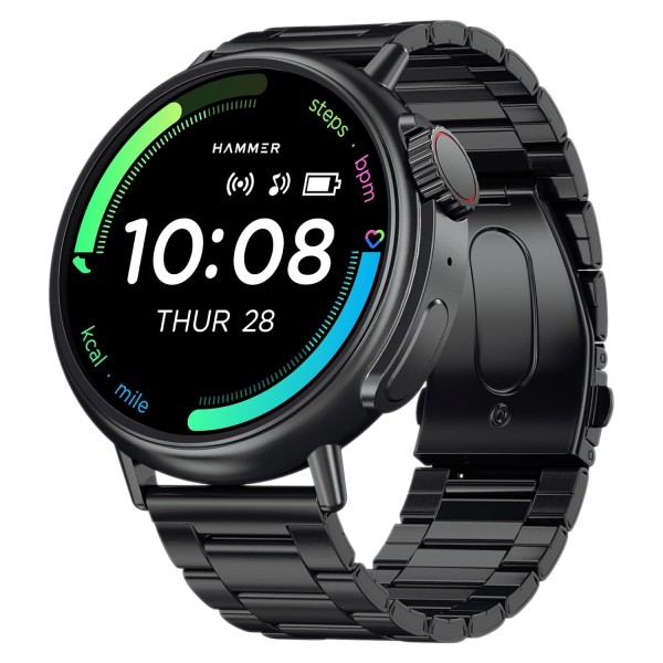 HAMMER Active 3.0 1.39" Display Bluetooth Calling Smart Watch with Metal Strap, Health Monitor, Metallic Body, AI Voice Assistance (Metallic Black)