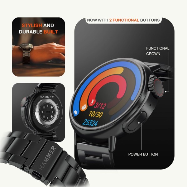 HAMMER Active 3.0 1.39" Display Bluetooth Calling Smart Watch with Metal Strap, Health Monitor, Metallic Body, AI Voice Assistance (Metallic Black)