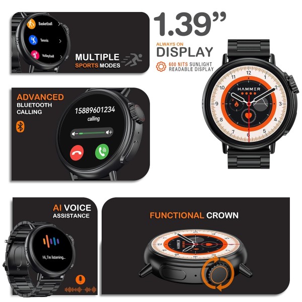 HAMMER Active 3.0 1.39" Display Bluetooth Calling Smart Watch with Metal Strap, Health Monitor, Metallic Body, AI Voice Assistance (Metallic Black)