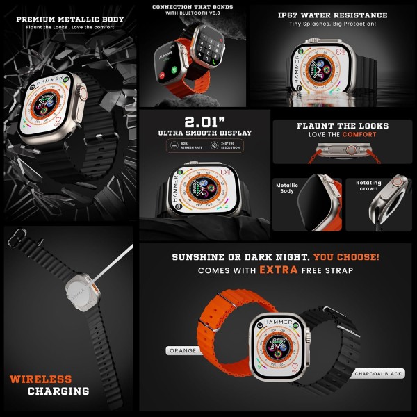 HAMMER Ultra Classic 2.01" Always on Display, Bluetooth Calling Smart Watch, Wireless Charging, 1 Extra Starp, Raise to Wake, in-Built Games, Brightness Adjustment, BP, SpO2, HR Monitoring