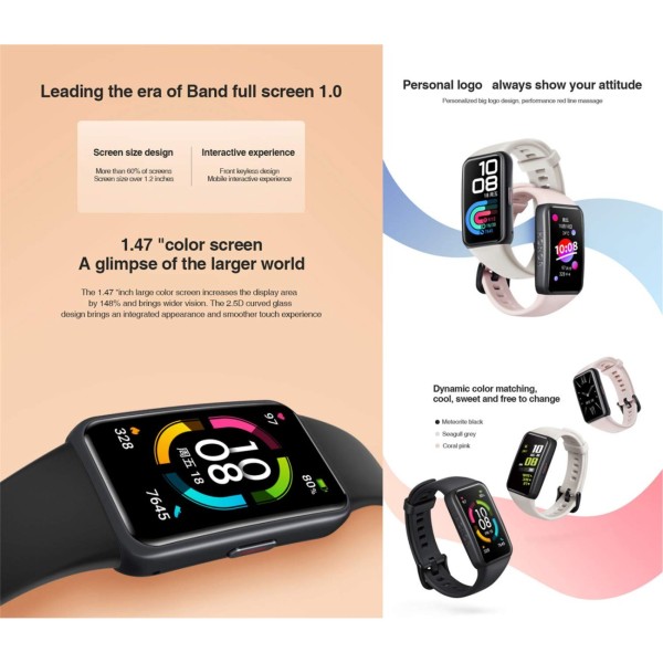 Honor Band 6 Smart Wristband 1st Full Screen 1.47 AMOLED Color Touchscreen Watch-Meteorite Black