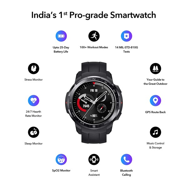 Honor Watch GS Pro (Charcoal Black),Upto 25-Days Battery Life,14 MIL-STD-810G Tests,GPS Route Back, BT Calling,
