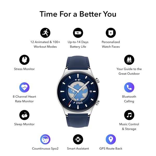 HONOR Watch GS 3 Smartwatch with 1.43" AMOLED Touch Screen, Fitness Watch, Heart Rate, Sleep & Blood Oxygen, Dual GPS, Bluetooth Calling,14 Days Life, 100+ Diverse Sport Modes, Ocean Blue (MUS-B19)
