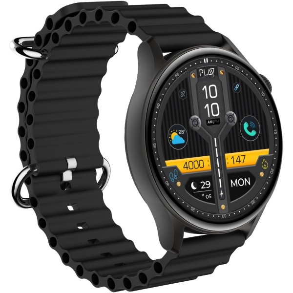 PLAYFIT FLAUNT2 with 1.43'' AMOLED, Rotary Crown, 2.5D All-View Display with BT Calling Smartwatch (Black Strap, Free Size) (un box)