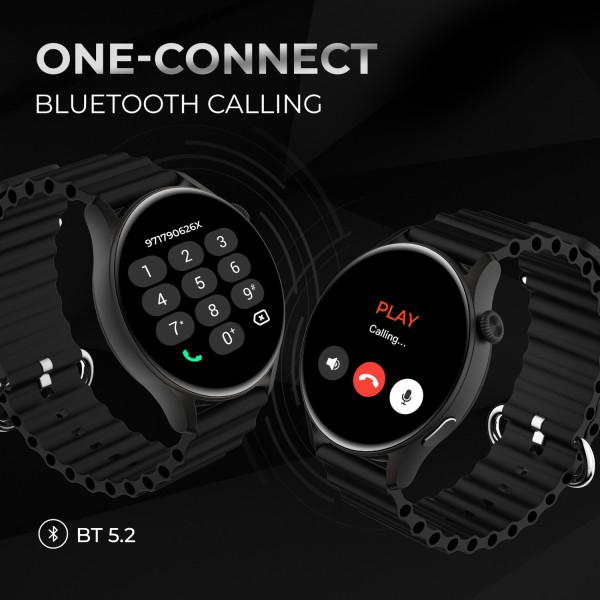 PLAYFIT FLAUNT2 with 1.43'' AMOLED, Rotary Crown, 2.5D All-View Display with BT Calling Smartwatch (Black Strap, Free Size) (un box)
