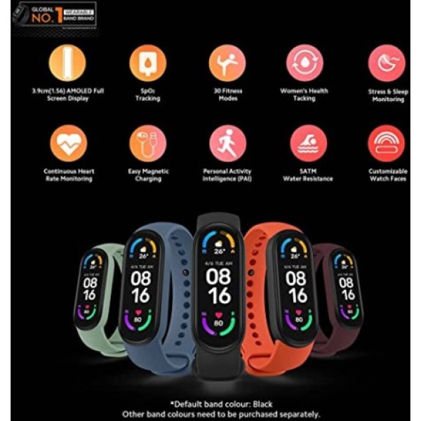 Xiaomi Mi Smart Band 6 - 1.56'' (3.96 cm) Large AMOLED Color Display, 2 Week Battery Life (Black)