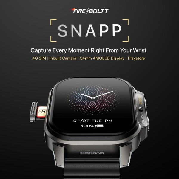 Fire-Boltt Snapp Smart Watch, Selfie Camera, 4G Nano-SIM Slot, 54.1mm AMOLED Display, Play Store- Unlimited apps, 1000mAh Battery, 2GB/4GB RAM (Jet Black Luxe)