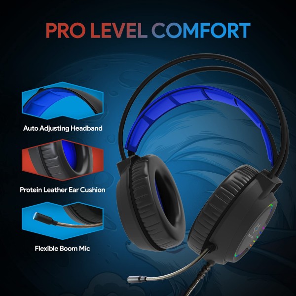 EvoFox Nebula RGB Gaming Headphones with Auto Adjusting Headband, Soft Leather Ear Cushions Cable (Blue Black)