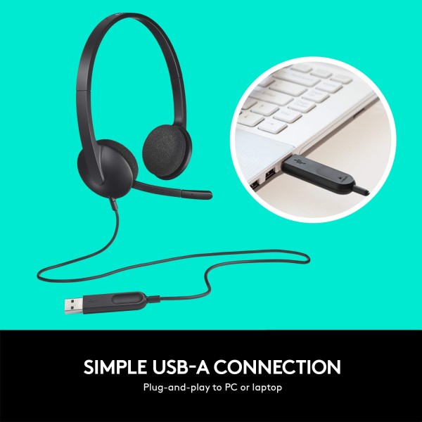 Logitech H340 Wired Headset Stereo Headphones with Noise Cancelling Microphone USB PC Mac Laptop Black