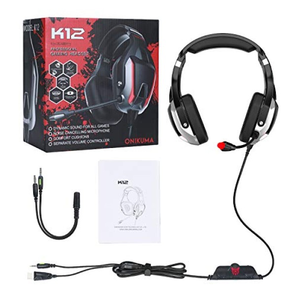 ONIKUMA K12 Stereo Gaming Headset with Mic, Controls and LED light for PC, PS4, Xbox and Mobiles (Black/Red)
