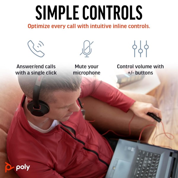 Poly Blackwire 5220 Wired Headset (Plantronics) - Flexible Noise-Canceling Boom Mic - Ergonomic Design - Connect to PC/Mac, Mobile via USB-C, USB-A, or 3.5 mm - Works w/Teams, Zoom