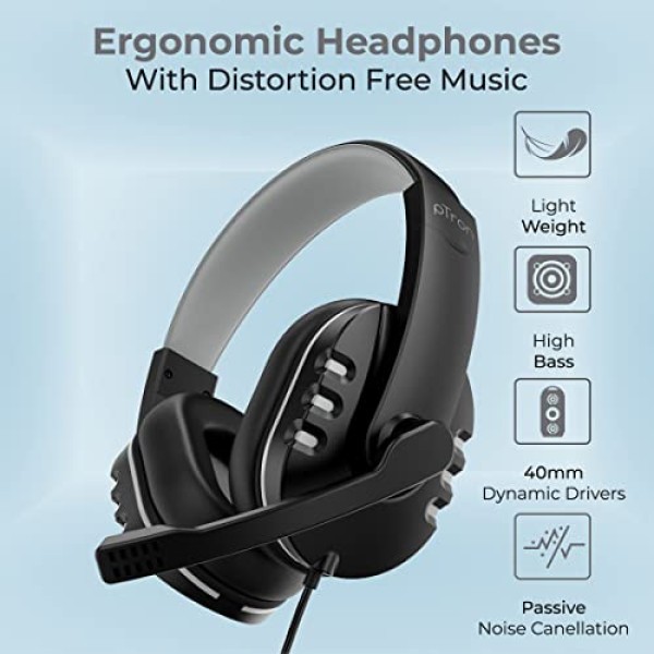 pTron Soundster Arcade Over-Ear Wired Headphones, Ergonomic Headset with Mic (Black)