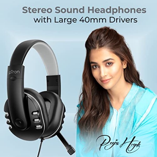 pTron Soundster Arcade Over-Ear Wired Headphones, Ergonomic Headset with Mic (Black)