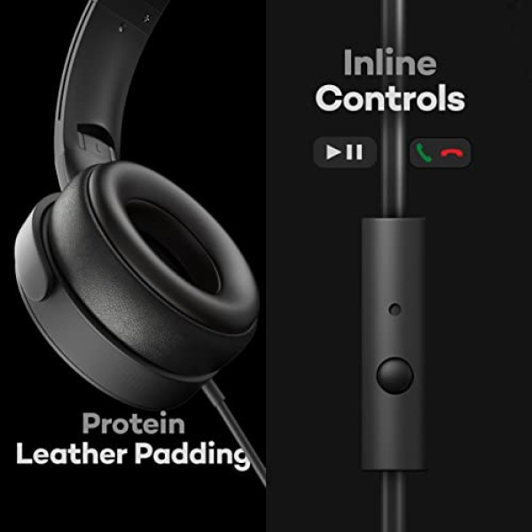 Boult Audio Bass Buds Q2 Lightweight Stereo Wired Over Ear Headphones Set with Mic with Deep Bass, Comfortable Ear Cushions, & Long Cord (Black)