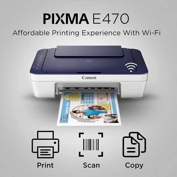 Canon PIXMA E477 All in One (Print, Scan, Copy) WiFi Ink Efficient Colour Printer refurbishedshed (without cartridge)