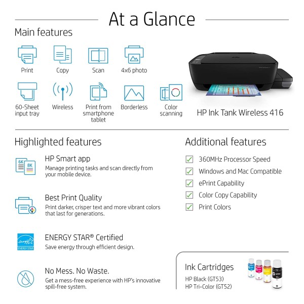HP Ink Tank 416 WiFi Colour Printer Scanner and Copier for Home-Office High Capacity Tank Printer (Pre Ink Loaded)