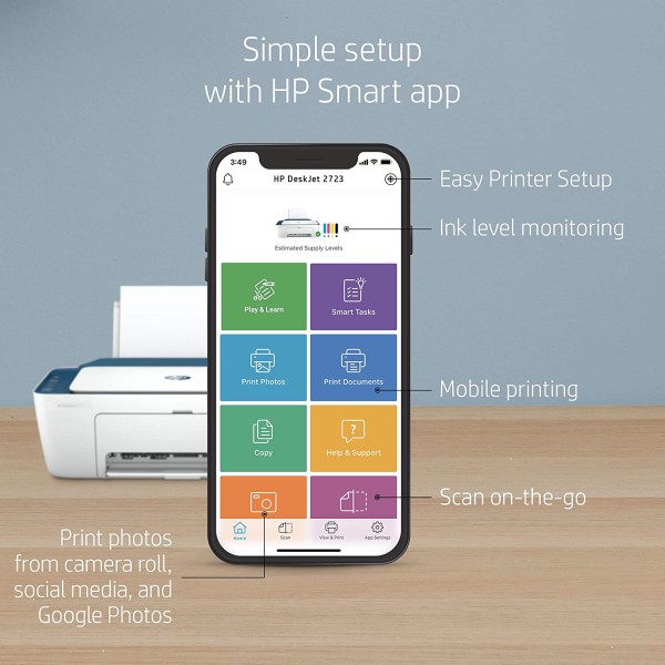 HP Deskjet 2723 AIO Printer, Copy, Scan, WiFi, Bluetooth, USB, Simple Setup Smart App, Ideal for Home. & 805 Black Original Ink Cartridge