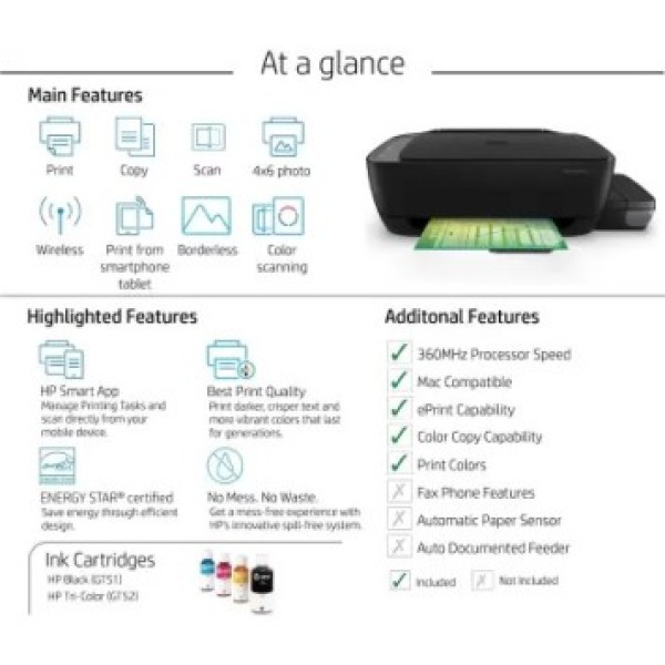 HP Ink Tank 410 Multi-function WiFi Color Printer with Voice Activated Printing Google Assistant and Alexa Printer (Pre Ink Loaded)