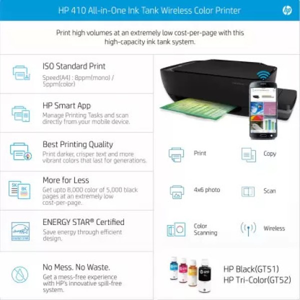 HP Ink Tank 410 Multi-function WiFi Color Printer with Voice Activated Printing Google Assistant and Alexa Printer (Pre Ink Loaded)