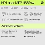 HP Laser MFP 1188fnw, Wireless, Print, Copy, Scan, Fax, 40-Sheet ADF, Hi-Speed USB 2.0, Ethernet, Up to 21 ppm, 150-sheet Input Tray, 100-sheet Output Tray, 1-Year Warranty, Black and White