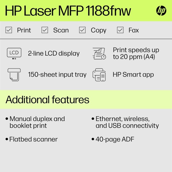 HP Laser MFP 1188fnw, Wireless, Print, Copy, Scan, Fax, 40-Sheet ADF, Hi-Speed USB 2.0, Ethernet, Up to 21 ppm, 150-sheet Input Tray, 100-sheet Output Tray, 1-Year Warranty, Black and White