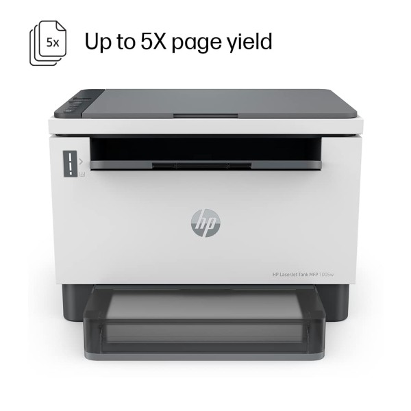 HP LaserJet Tank MFP 1005w, Wireless, Print, Copy, Scan, Hi-Speed USB 2.0, Bluetooth LE, Up to 22 ppm, 150-sheet Input Tray, 100-sheet Output Tray, 1-Year Warranty, Black and White, 381U4A