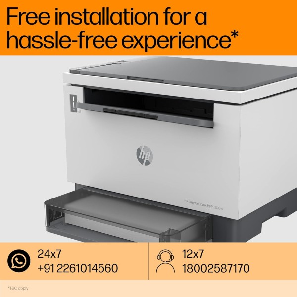 HP LaserJet Tank MFP 1005w, Wireless, Print, Copy, Scan, Hi-Speed USB 2.0, Bluetooth LE, Up to 22 ppm, 150-sheet Input Tray, 100-sheet Output Tray, 1-Year Warranty, Black and White, 381U4A