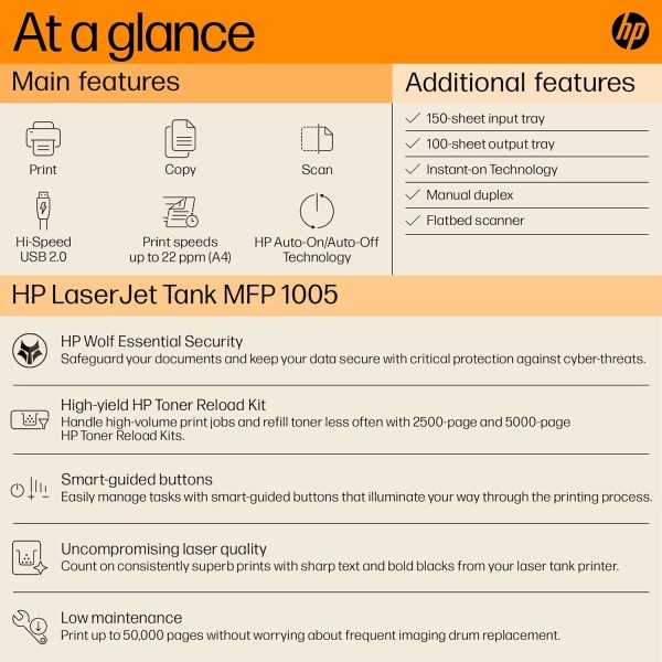 HP LaserJet Tank MFP 1005w, Wireless, Print, Copy, Scan, Hi-Speed USB 2.0, Bluetooth LE, Up to 22 ppm, 150-sheet Input Tray, 100-sheet Output Tray, 1-Year Warranty, Black and White, 381U4A