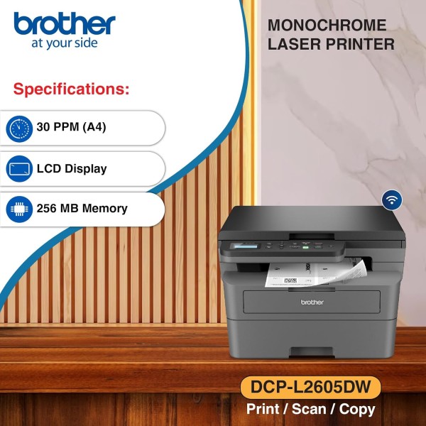 Brother DCP-L2605DW 2 in 1 (ID) Copy Button Auto Duplex Laser Printer, 30 PPM, Print Scan Copy, LCD Display, 256 MB Memory, (WiFi WiFi Direct LAN USB), 250 Sheet Paper Tray, Free Installation