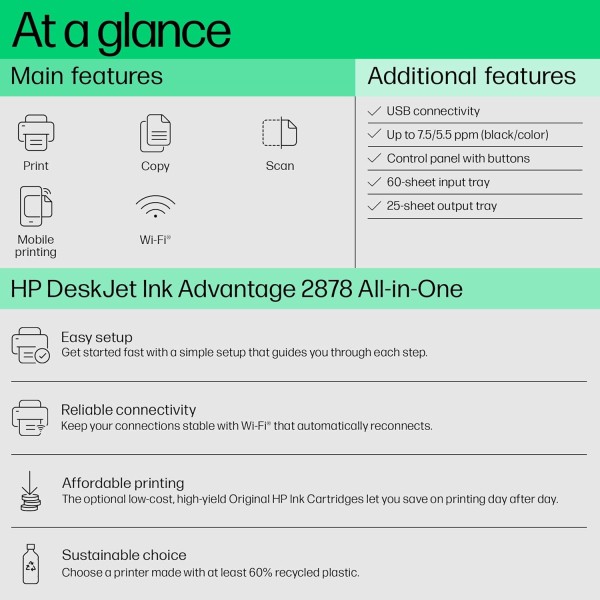 HP Ink Advantage 2878 WiFi Colour Printer - Print/Scan/Copy Ideal for Home