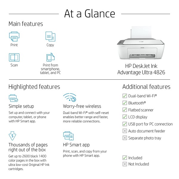 HP Deskjet Ink Advantage Ultra 4826 All-in-one, Colour Printer for Home, Dual Band WiFi with self-Reset
