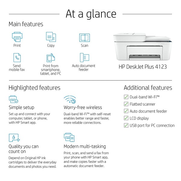 HP DeskJet Plus 4123 All-in-One Wifi Colour Printer, Scanner, and Copier for Home, B&W Prints and Color prints with Easy Set-up