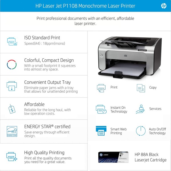 HP Laserjet Pro P1108 Plus Single Function Monochrome Wired Laser Printers, Black