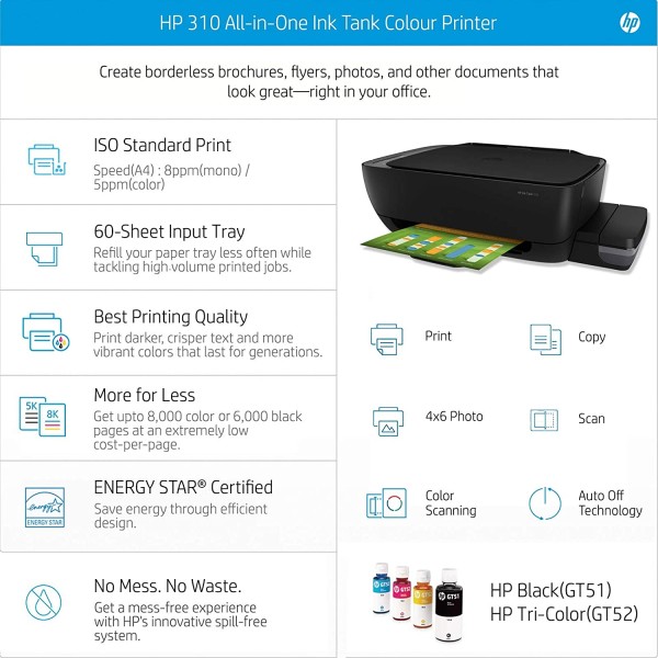 HP Ink Tank 310 Colour Printer, Scanner and Copier for Home/Office, High Capacity Tank (Pre Ink Loaded)