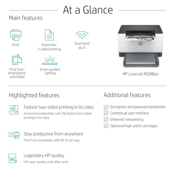 HP LaserJet M208dw Printer, Wireless, Single Function, Print, Hi-Speed USB 2.0, Ethernet, Bluetooth LE, Up to 30 ppm, 150-sheet Input Tray, 100-sheet Output Tray, Black and White, 6GW64A